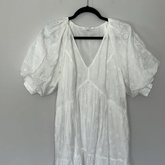 Frame Broderie Anglaise Ramie Puff Sleeve Midi Eyelet Dress in White - Picture 8 of 16